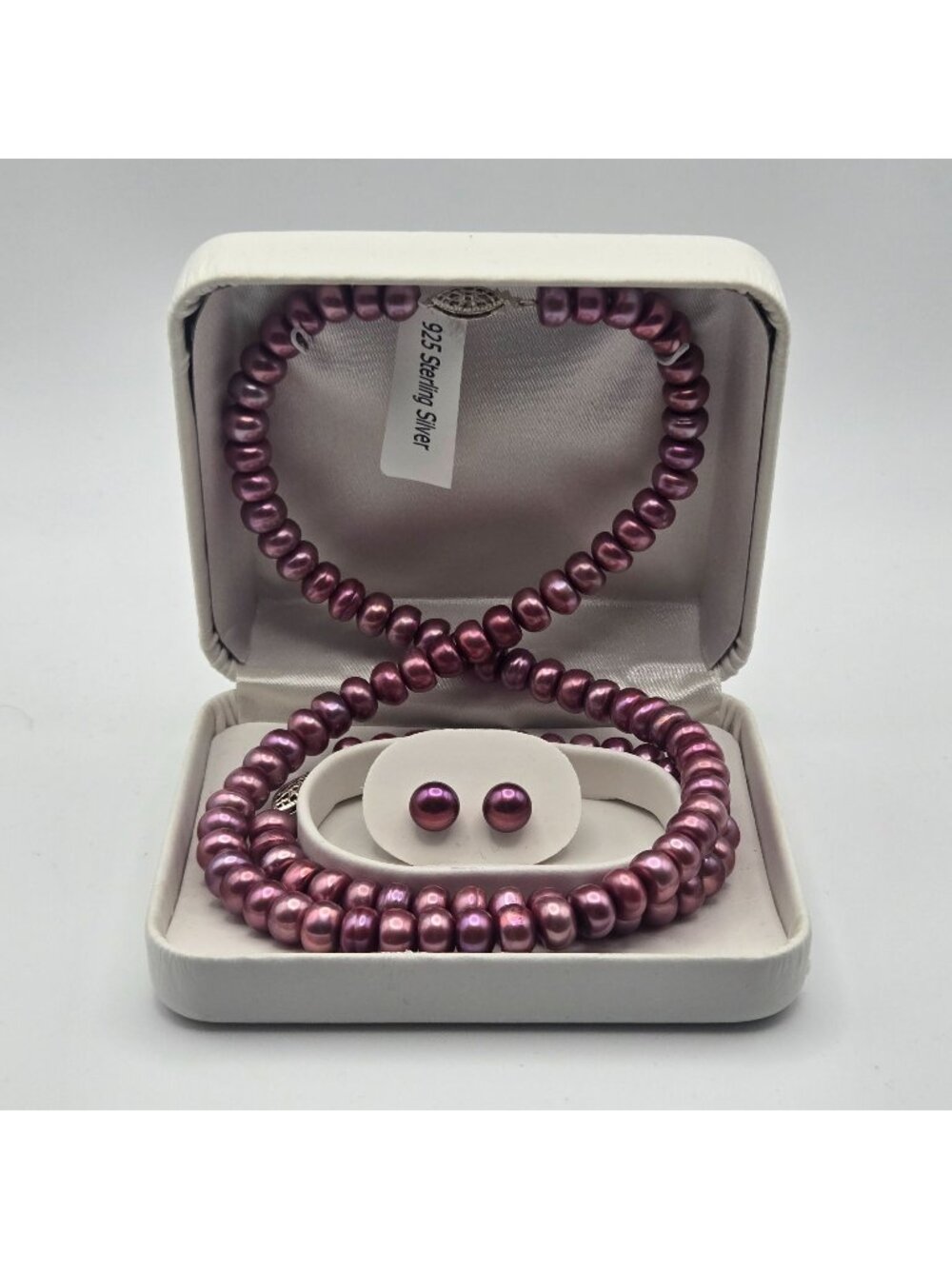 New Freshwater Pearl Necklace Earrings Set Pink 925 Sterling Silver Clasp